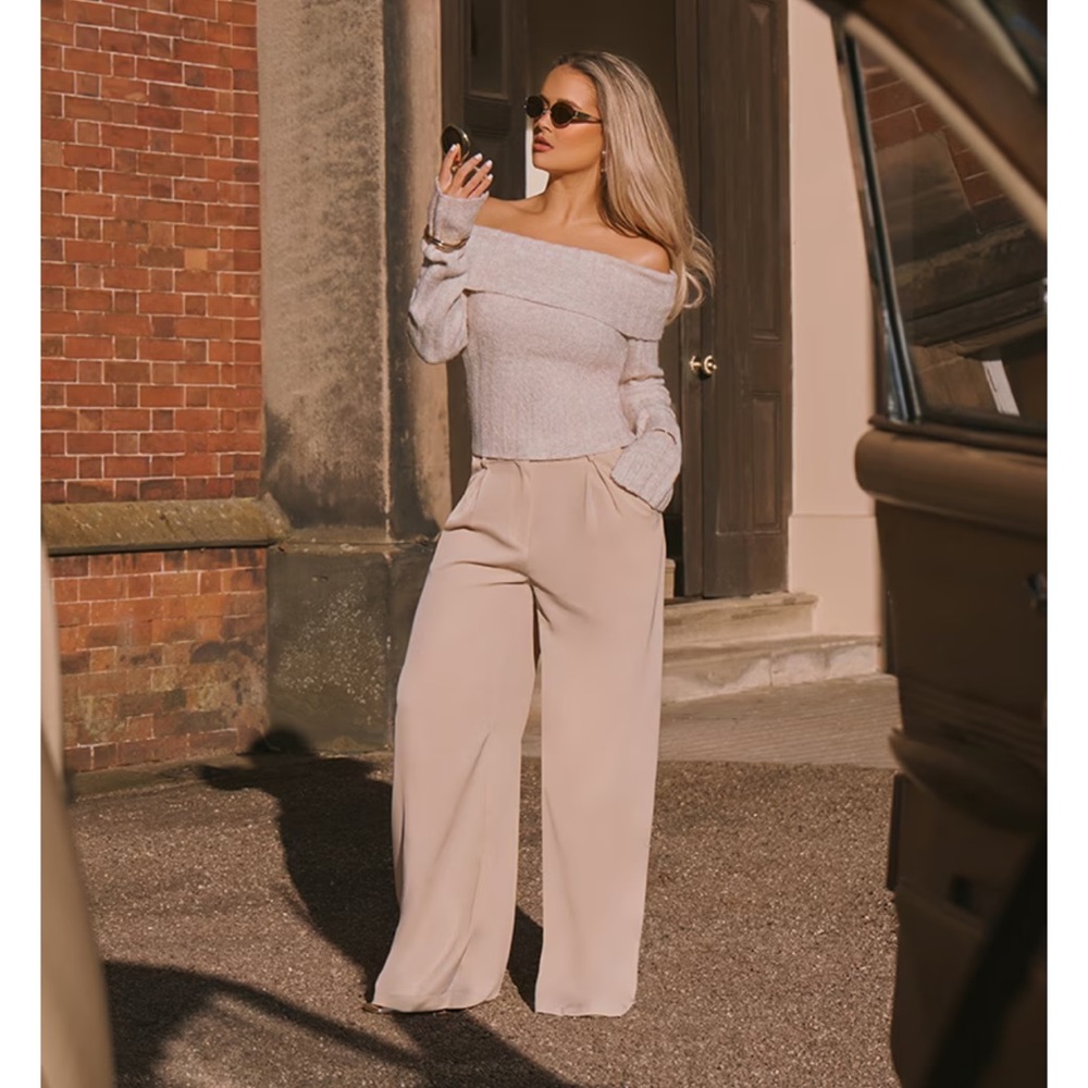 NWT PrettyLittleThing Natural Stone Floaty Tailored Wide Leg Trousers